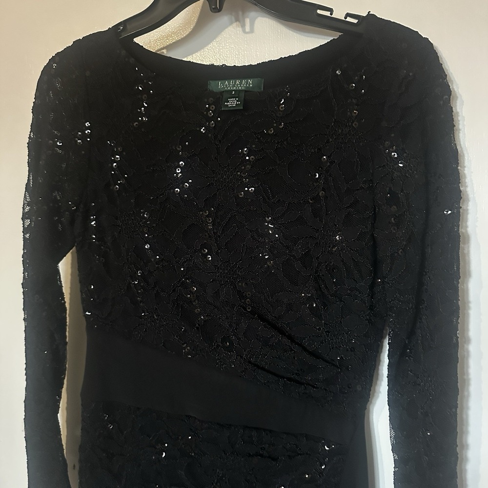 Lauren Ralph Lauren Evening Gown Women's 2 Black Sequin Ruched Slit Formal Party - Picture 5 of 8